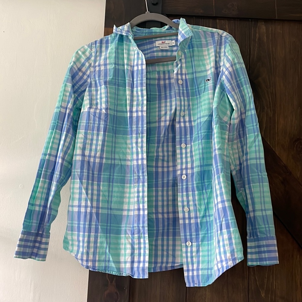 A teal, purplish blue and white dress shirt/ flannel
